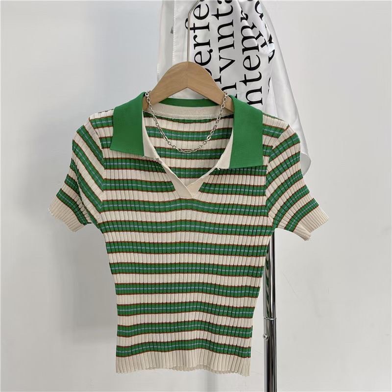 ÁO LEN TĂM XANH KẺ CỔ ĐỨC TAY CỘC DÁNG ÔM CO GIÃN MS11662