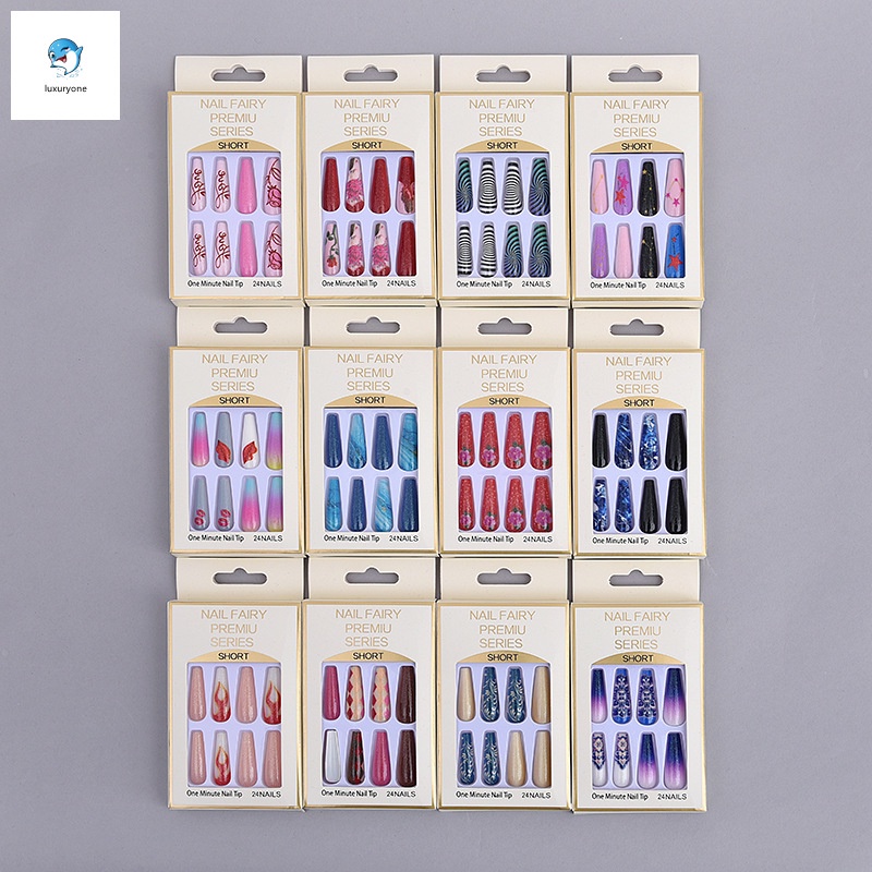 Bộ 24 móng tay giả màu trơn bằng nhựa resin siêu dài kèm gel phủ cho nữ