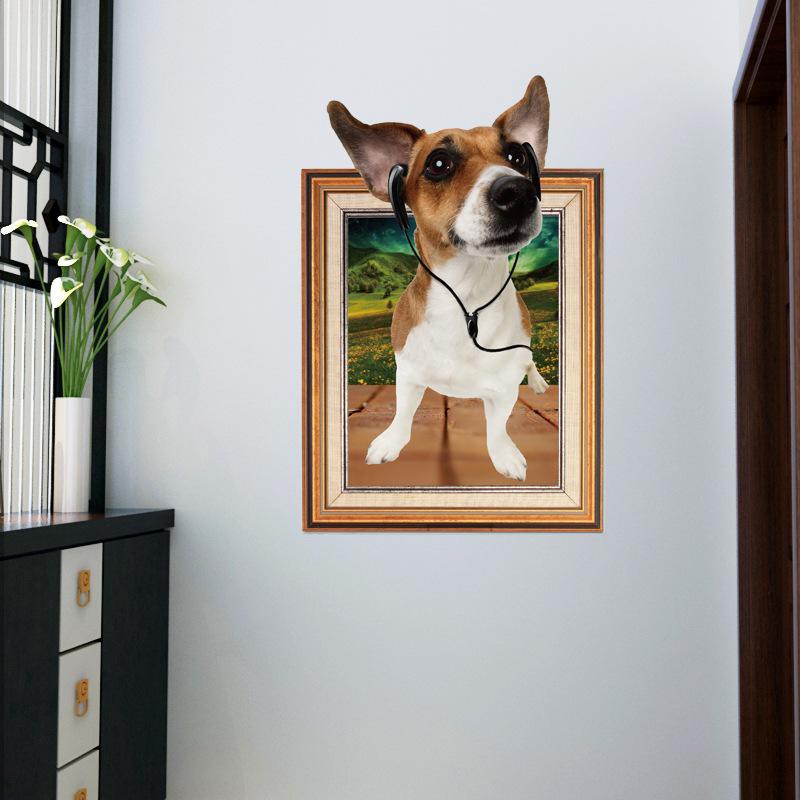 Decal dán tường 3D khung ảnh hình chú chó đeo tai nghe