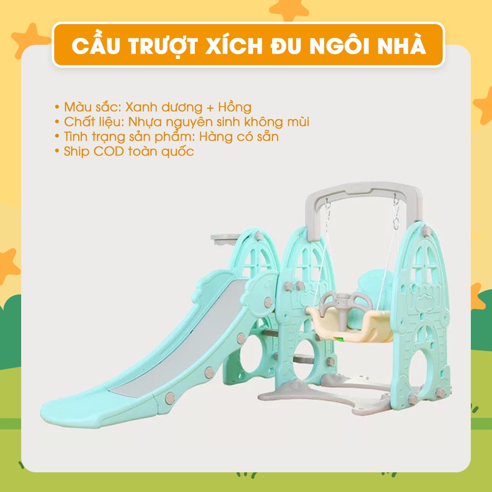 Cầu Trượt Xích Đu Cầu Trượt Cho Bé Combo 4 Món Cầu Trượt - Leo Thang - Xích đu - Bóng Rổ - Ngôi Nhà Hai Màu Xanh, Hồng