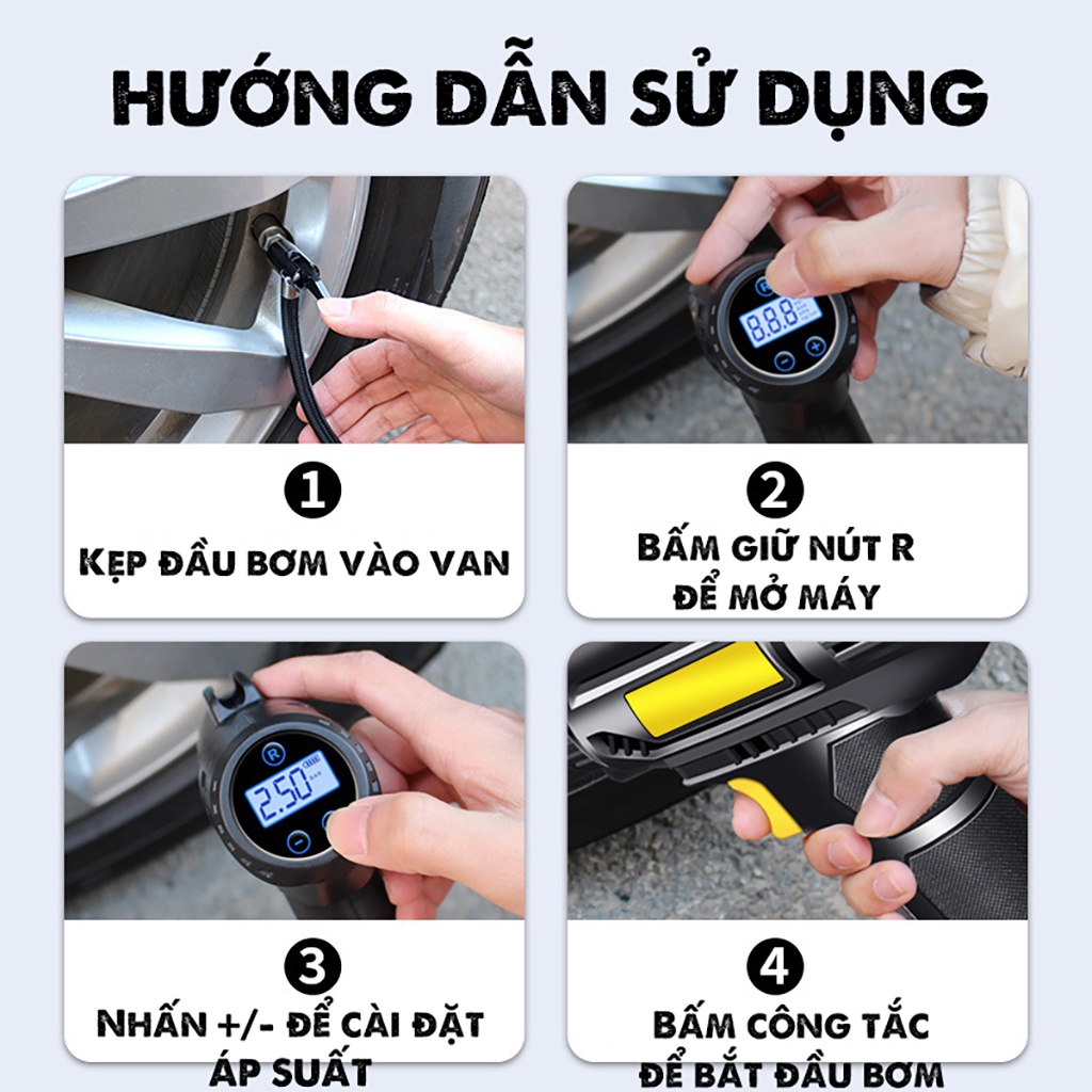 Máy Bơm Lốp Ô Tô Xe Máy Mini Dùng Pin Cầm Tay Thông Minh Tự Động Ngắt Theo Áp Suất Cài Đặt (phiên bản mới 2022)