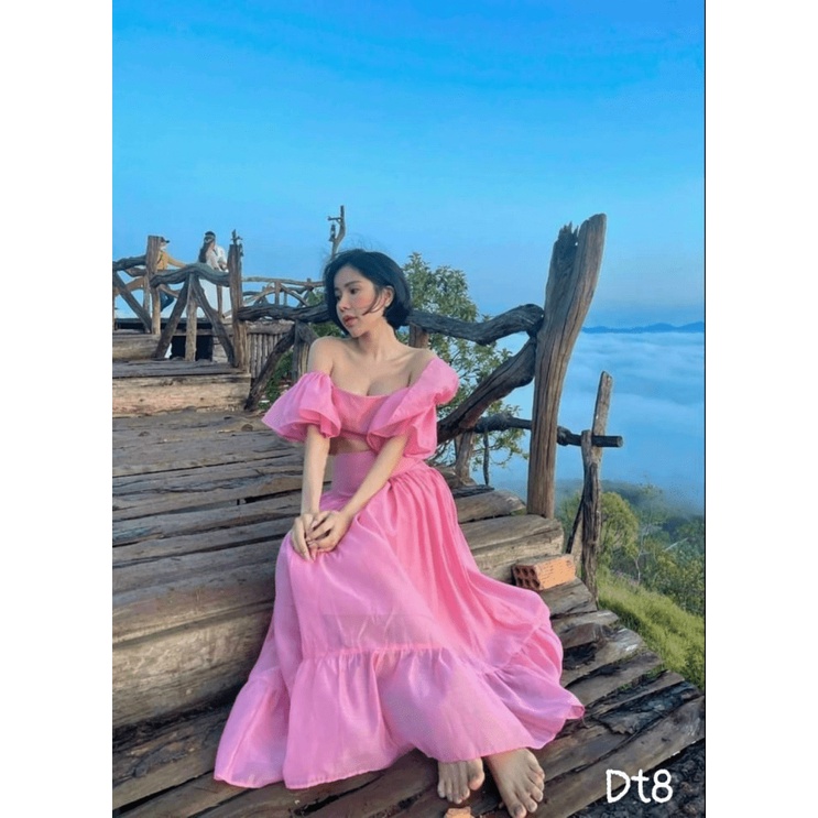 (Free ship) Sét Lụa Áo Trễ Vai Tay Bèo + Váy Tầng Dáng Xòe Đẹp Lung Linh UP HHP Fashion