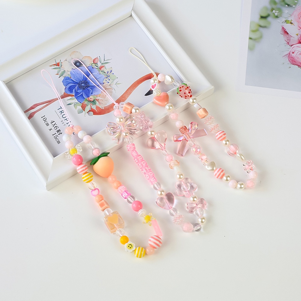 Dây Đeo Điện Thoại Xâu Hạt Diy Hình Quả Dâu / Gấu Hồng / Đào Dễ Thương