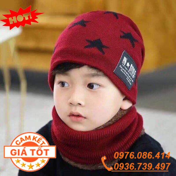 Set Mũ len kèm khăn hình sao lót lông cho trẻ