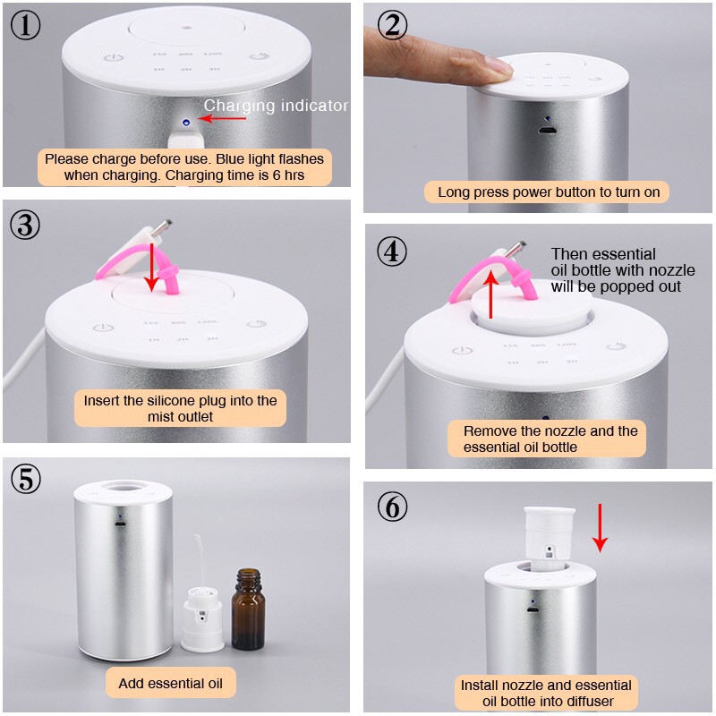 Máy khuếch tán tinh dầu (máy hút trực tiếp tinh dầu không cần nước) Có pin tích điện dùng 6-8 tiếng, vỏ nhôm Aluminu