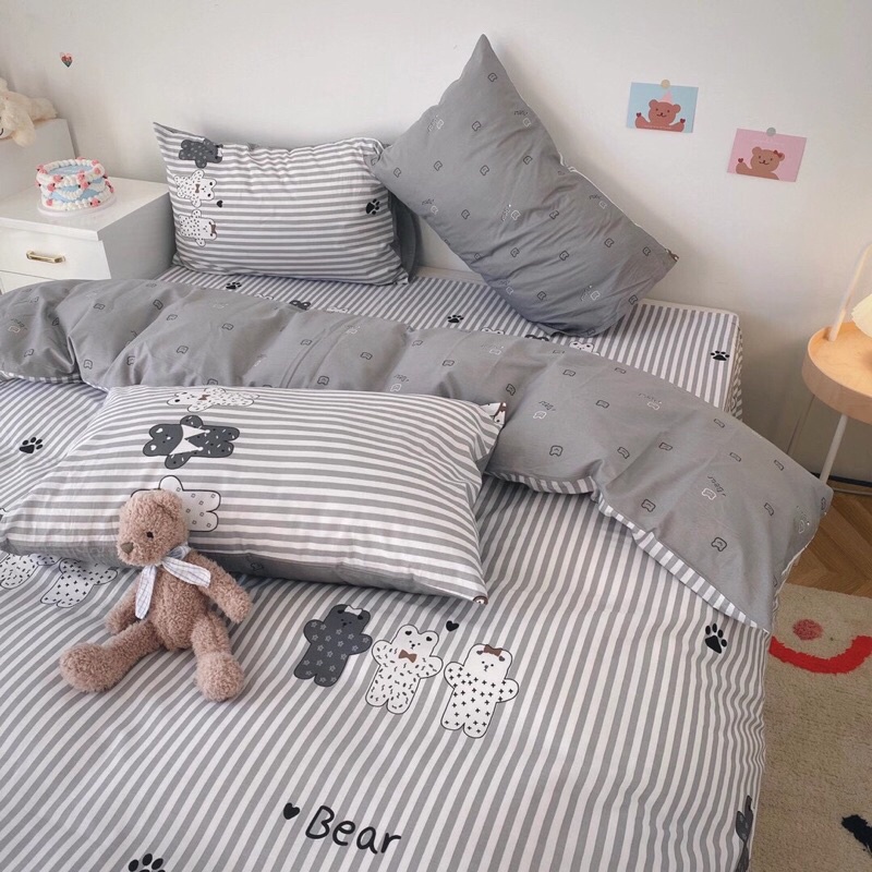Bộ Chăn Ga Gối ❤️ Cotton living 100% cao cấp đủ size đệm ga giường họa tiết gấu đáng yêu phong cách Hàn Quốc chính hãng