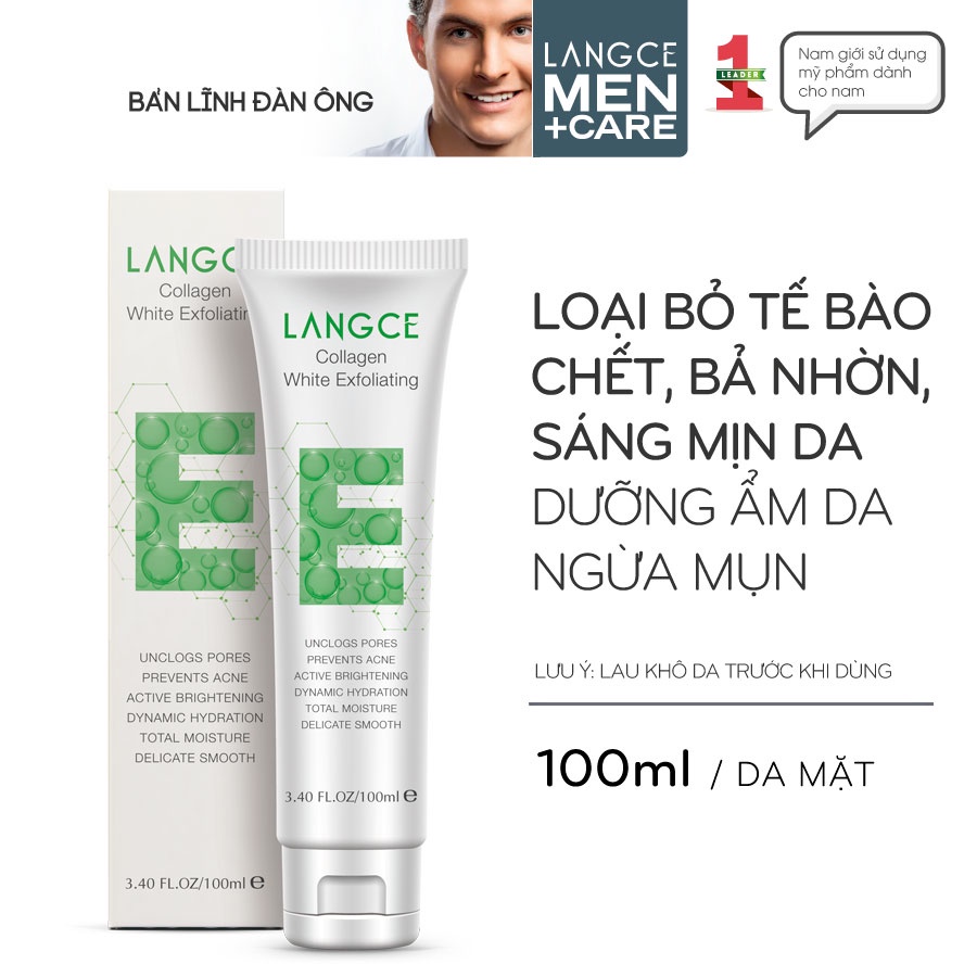 Bộ Tẩy Tế Bào Chết Collagen Trắng Da Cấp Ẩm Ngừa Mụn 100ml và Tẩy Tế Bào Chết Toàn Thân 100ml LANGCE dành cho Nam