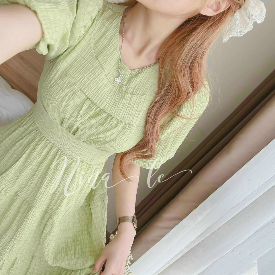 Đầm Nữ Thời Trang Mặc Đi Chơi, Đầm Xốp Phồng Cổ Tròn Tay Ngắn Xếp Ly 4 Màu Xinh Xắn