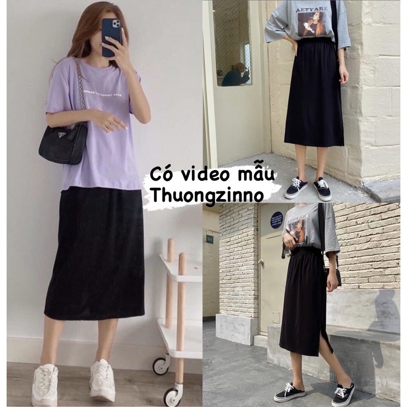 Chân váy suông cạp cao chất thun dáng dài xẻ tà Chân váy cotton trơn