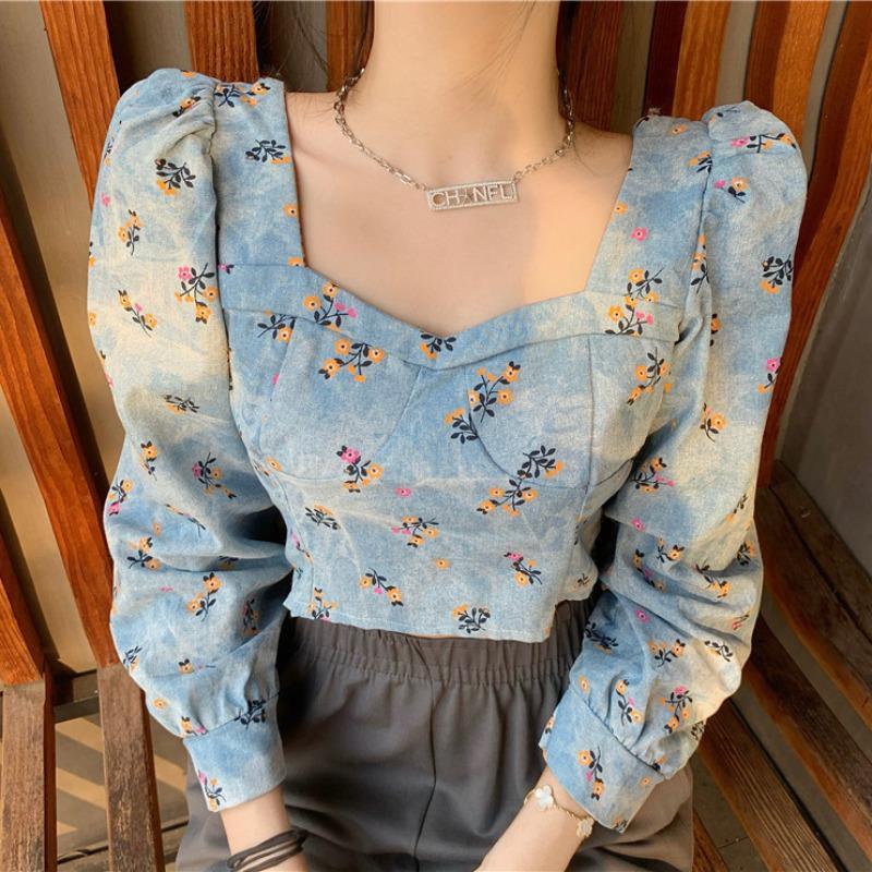 Áo Sơ Mi Denim Tay Dài Cổ Vuông In Hoa Màu Xanh Dương Đậm Phong Cách Retro Hong Kong Cho Nữ