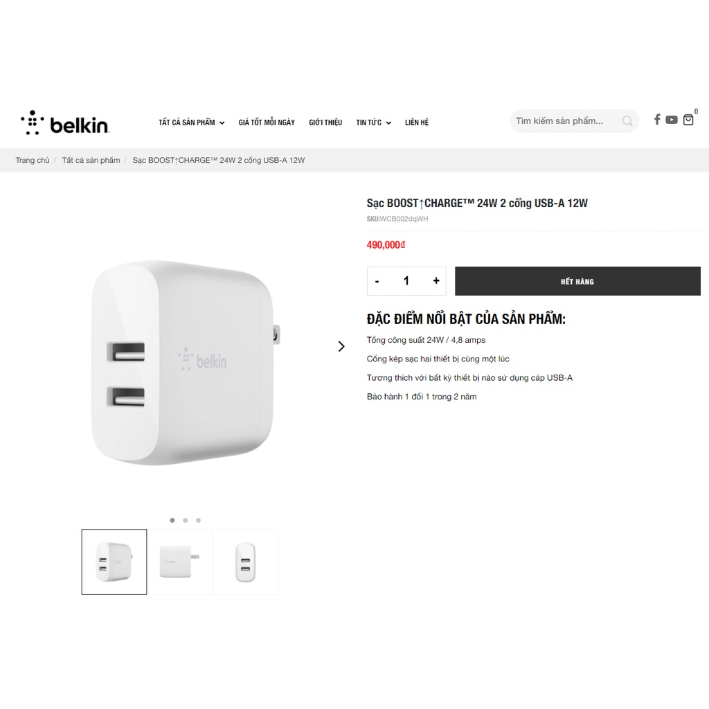 Sạc Nhanh Belkin BOOST↑CHARGE™ 24W 2 cổng USB-A 12W - Hàng Chính Hãng - Bảo Hành 12 Tháng