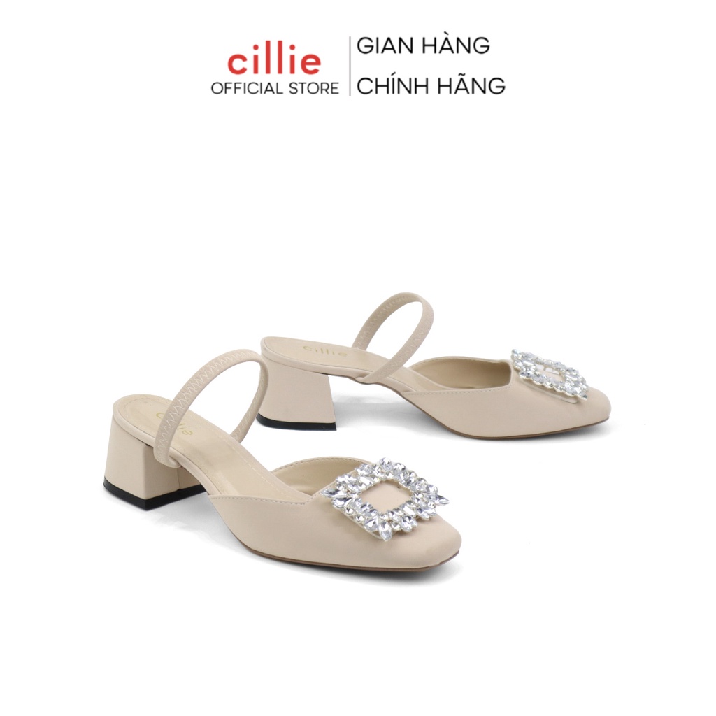 Giày sục nữ mũi vuông đính đá thời trang da nhung lộn trang trọng đế vuông cao 3cm đi làm đi chơi Cillie 1088