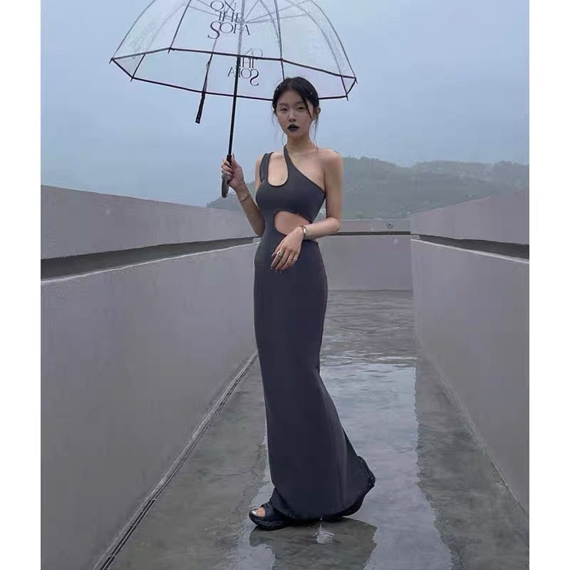 European and American sexy minority foreign style asymmetrically hollowed-out dresses show thin chest oblique collar one-shoulder waist and hip long skirt