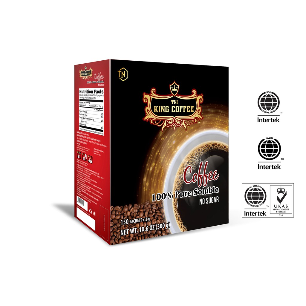 Cà Phê Hòa Tan 100% Đen Thuần Khiết KING COFFEE - Hộp 150 gói x 2g - Không Đường - Từ hạt cà phê Arabica & Robusta