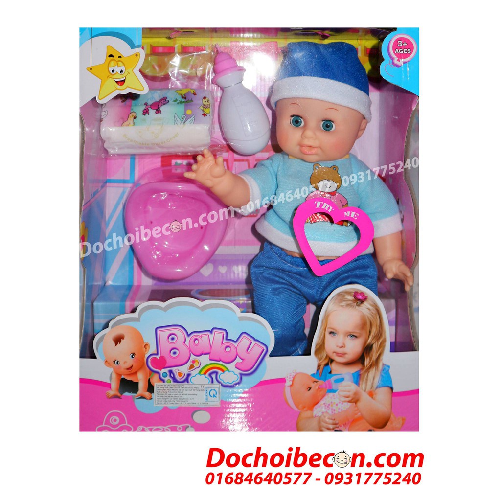 Búp bê Baby Doll bình sữa bé trai đội nón 1199: Biết nói, uống nước, đi vệ sinh (tè), mắt nhắm mở, da mặt và tay mềm