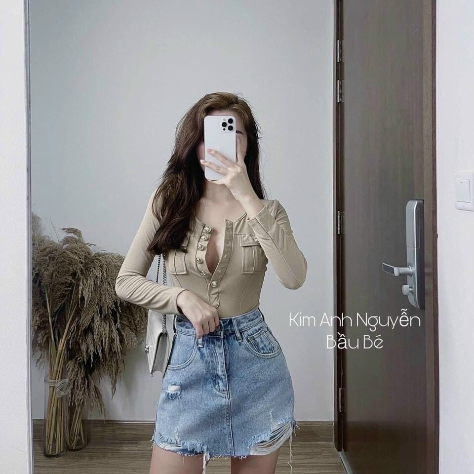 Áo len đính cúc 2 túi trước hàng quảng châu