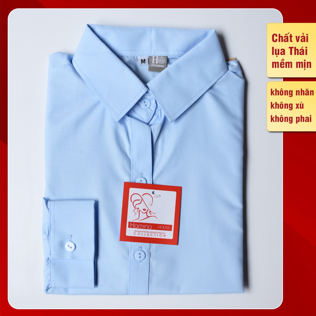 Áo sơ mi nữ lụa trơn công sở dài tay màu xanh nhạt, mềm mịn không nhăn, thiết kế theo phong cách sơ mi nữ Hàn Quốc