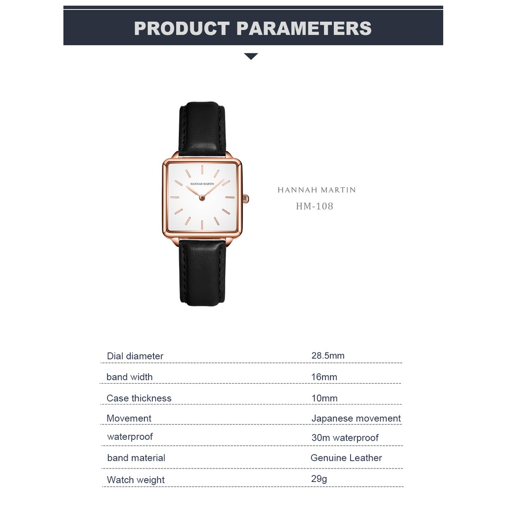 Đồng hồ nữ Hannah Martin chính hãng - MODEL HM-108PH - dây da - bảo hành 1 năm