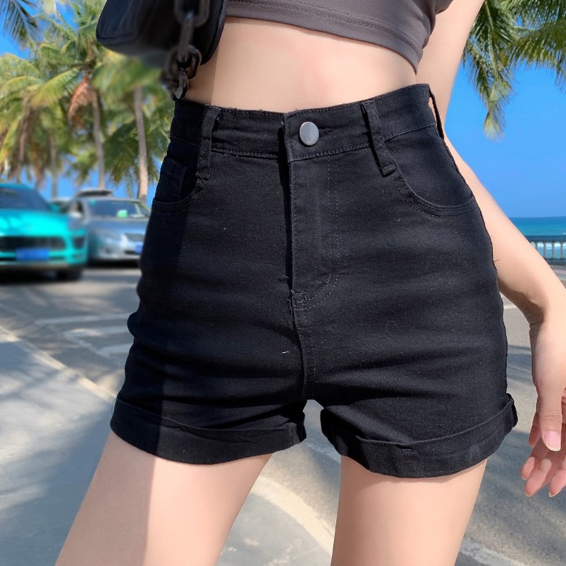 Quần short denim lưng cao ống rộng màu đen thời trang mùa hè 2021 cho nữ