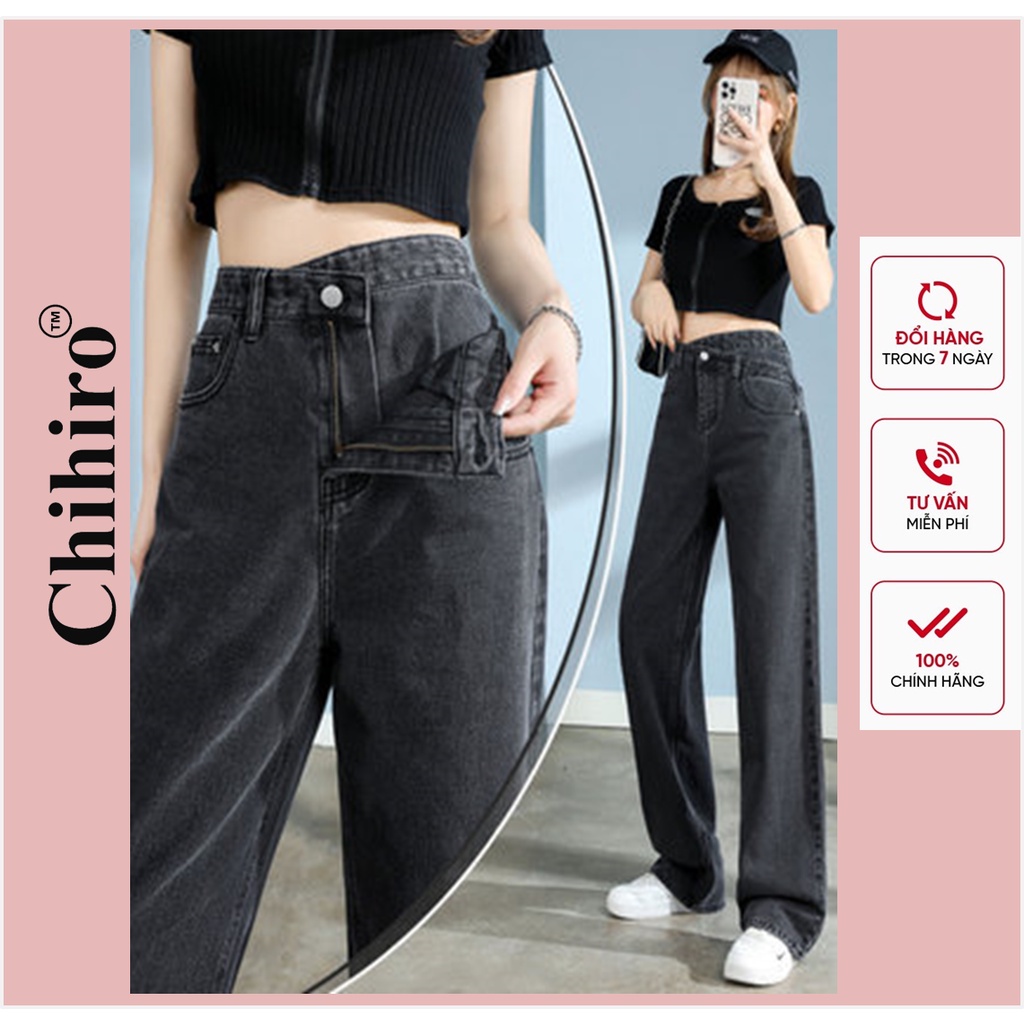 Quần jean nữ lưng cao lống rộng cạp chéo dáng suông phong cách ulzzang vải bò dày không giãn Chihiro CR-18