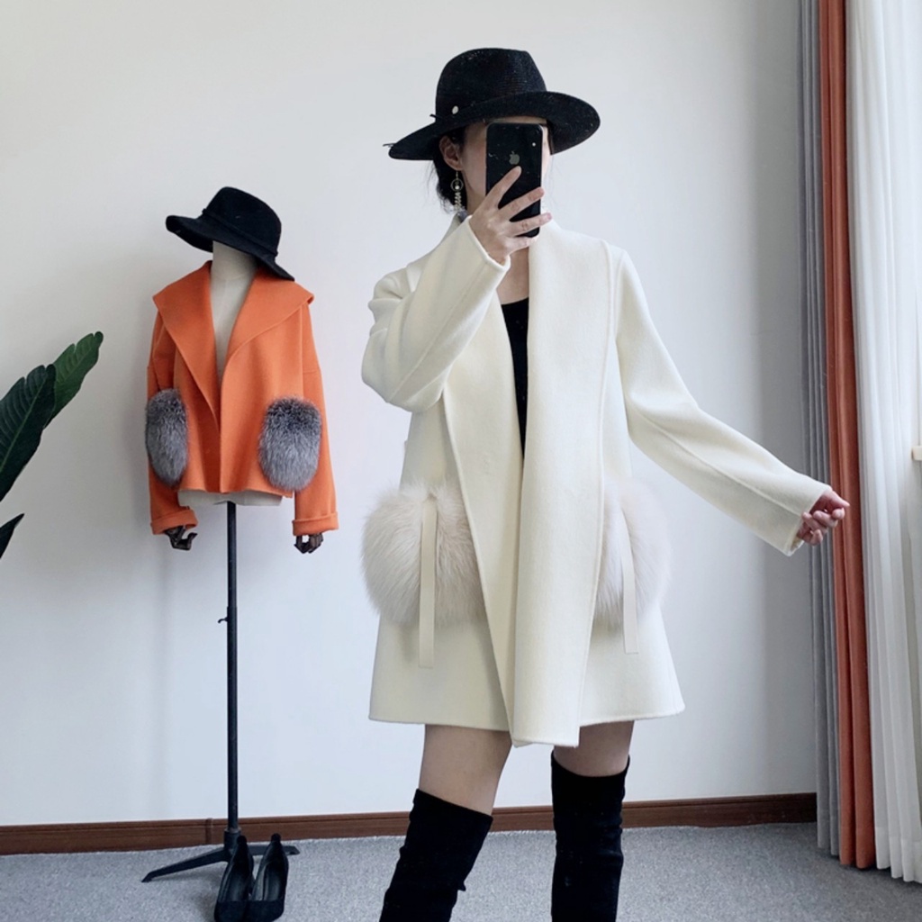 áo khoác cashmere cao cấp thiết kế túi lông mềm mịn thời trang sang trọng phong cách hàn trẻ trung. hàng QC KCC1448
