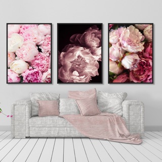 Bộ 3 tranh canvas hoa mẫu đơn 50 x 70cm - khung viền đen - sr190