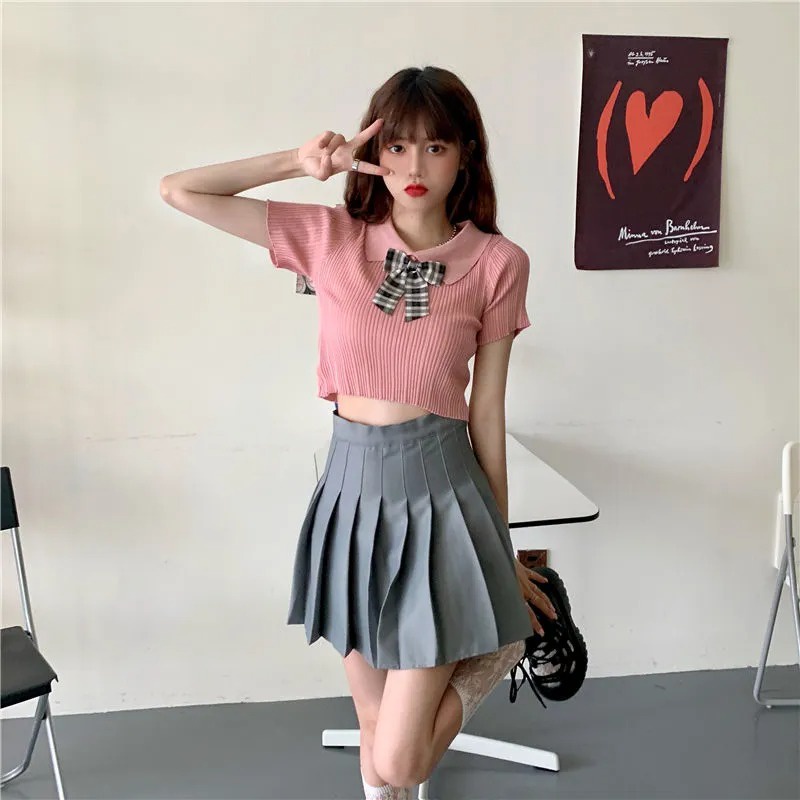Áo Croptop Dệt Kim Tay Ngắn Cổ Bẻ Màu Trơn Thời Trang Mùa Hè Xinh Xắn Cho Nữ