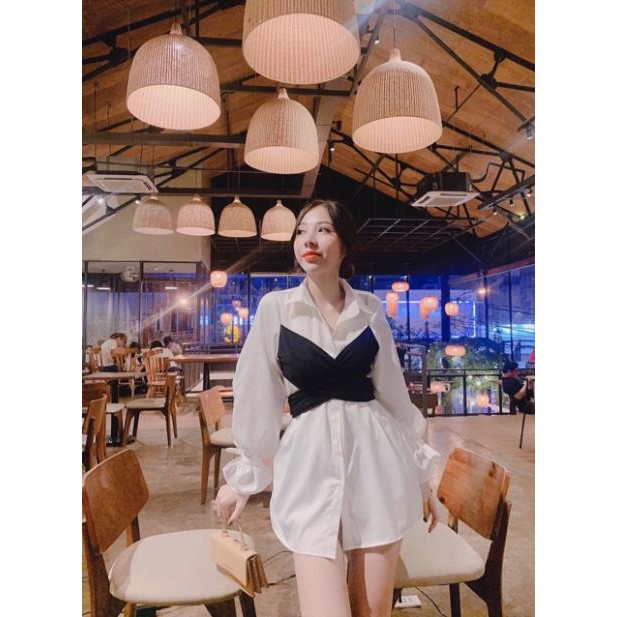 ÁO GIẤU QUẦN DOUBLE SHIRT DÁNG DÀI - ÁO SƠMI LIỀN TAY ĐẮP CHÉO CỘT NƠ ĐEN PHÍA SAU -ĐẦM ulzzang  ྇