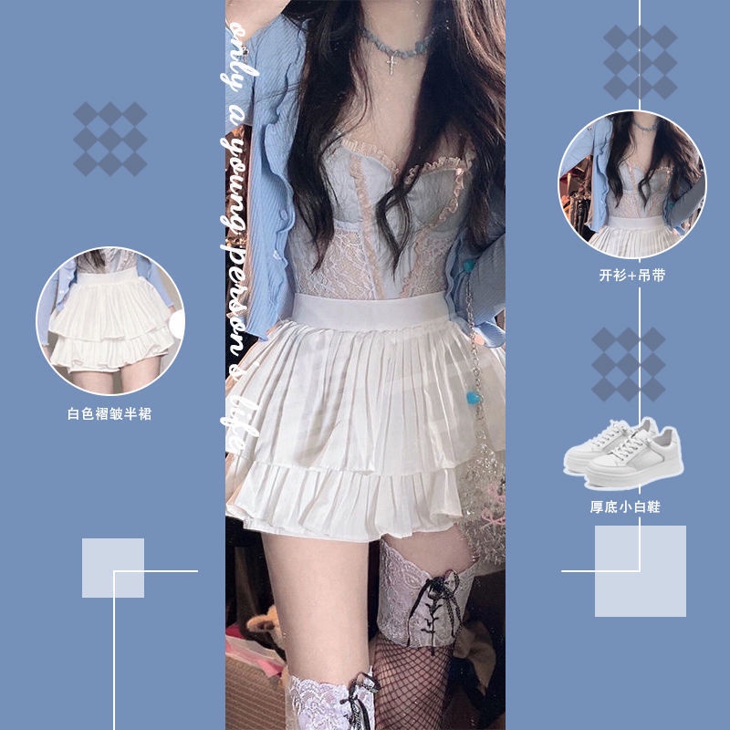 Bộ Đồ Thời Trang Mùa Hè Kiểu Mới Gồm Áo Cardigan Phối Bèo + Áo Hai Dây + Chân Váy Ngắn Lưng Cao Thời Trang Cho Nữ 2022