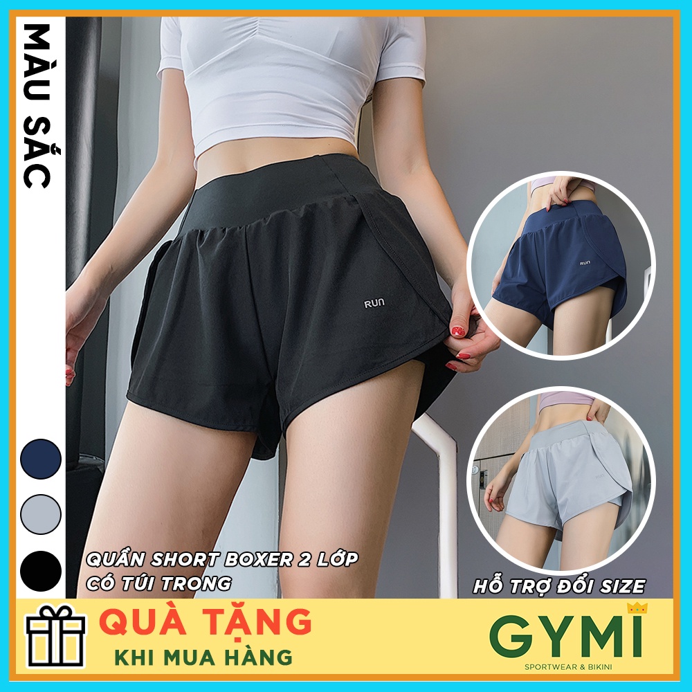 Quần tập gym yoga nữ 2 lớp GYMI QS09 dáng đùi short boxer thể thao chất vải thun lạnh kèm túi đựng điện thoại