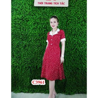 Đầm xòe cổ vest đen chấm bi V430