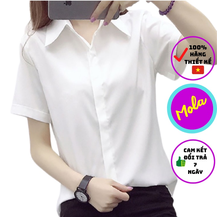 Áo Sơ Mi Trắng Nữ Học Sinh Kiểu Công Sở MOLA Màu Trắng Đen Kem From Rộng Tay Ngắn Hàn Quốc Chất Lụa Cao Cấp Không Nhăn | BigBuy360 - bigbuy360.vn