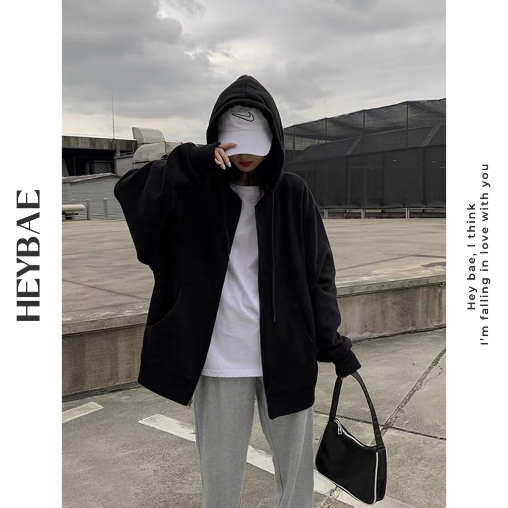 Áo khoác hoodie nỉ unisex cơ bản Homie HEYBAE trơn oversize dài tay có mũ 2 màu đen xám áo khoác mùa đông AK014 | BigBuy360 - bigbuy360.vn