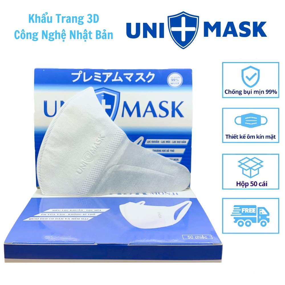 Hộp 50 chiếc Khẩu Trang 3D Uni mask kháng khuẩn, chống bụi mịn công nghệ Nhật Bản form ôm sát mặt