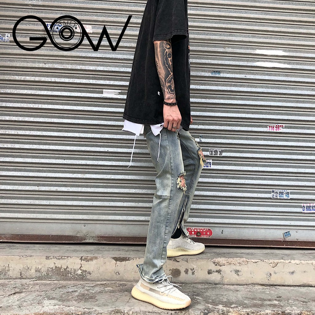 Quần jean nam Gowdaily phong cách streetwear có zipper rách gối kèm dây Drawstring Xanh D396 | BigBuy360 - bigbuy360.vn