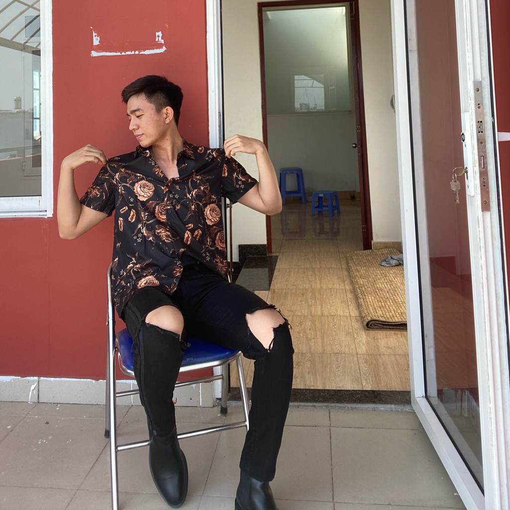 (ẢNH TỰ CHỤP) Áo Sơ Mi Gold Flo tay ngắn nam form suông, chất lụa chéo thoáng mát