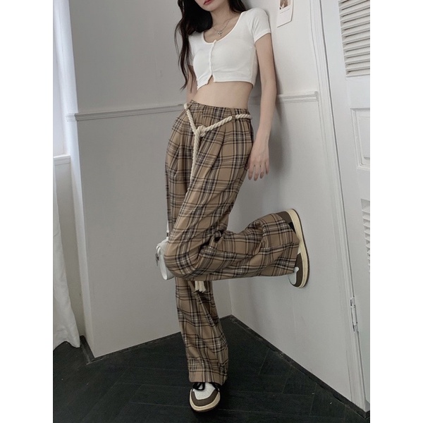 SET ÁO CROPTOP NÚT GÂN TRẮNG + QUẦN CARO CỘT DÂY (TH)