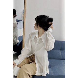 Sơmi tơ tằm trắng tay dài cổ cách điệu phong cách Hàn Quốc  - Silk shirt