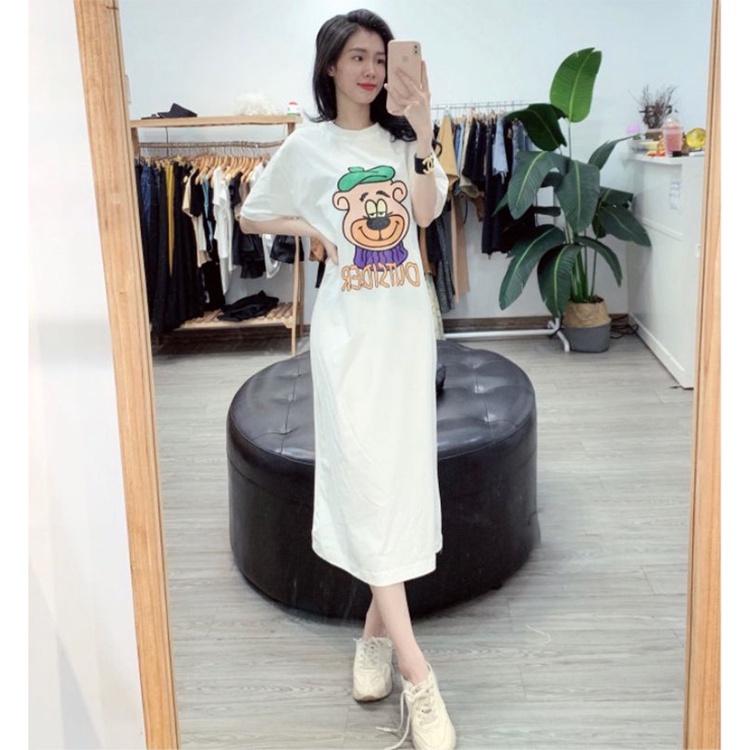 Đầm suông chất cotton cổ tròn in hoạ tiết outside freesize dáng dài - Đầm ngủ thun co dãn from rộng hình chú gấu