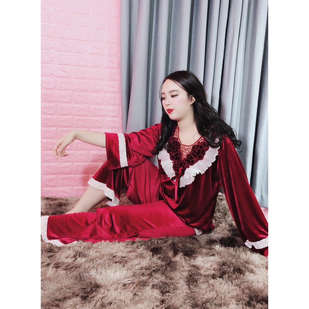 Đồ ngủ nữ Pijama nhung cao cấp FREE SHIP Quảng Châu họa tiết cổ trắng