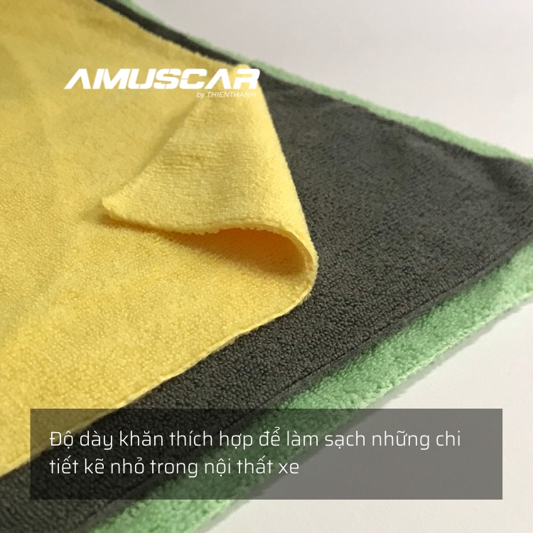Khăn lau xe chuyên dụng PILE DOUBF AMUSCAR 100% Microfiber lau nội thất không viền mềm mịn không bụi vải