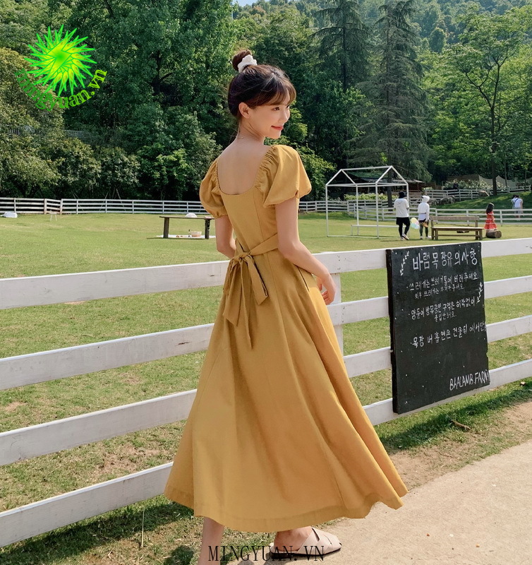 ( Mingyuan ) New retro high waist slim slimming single-breasted square neck dress