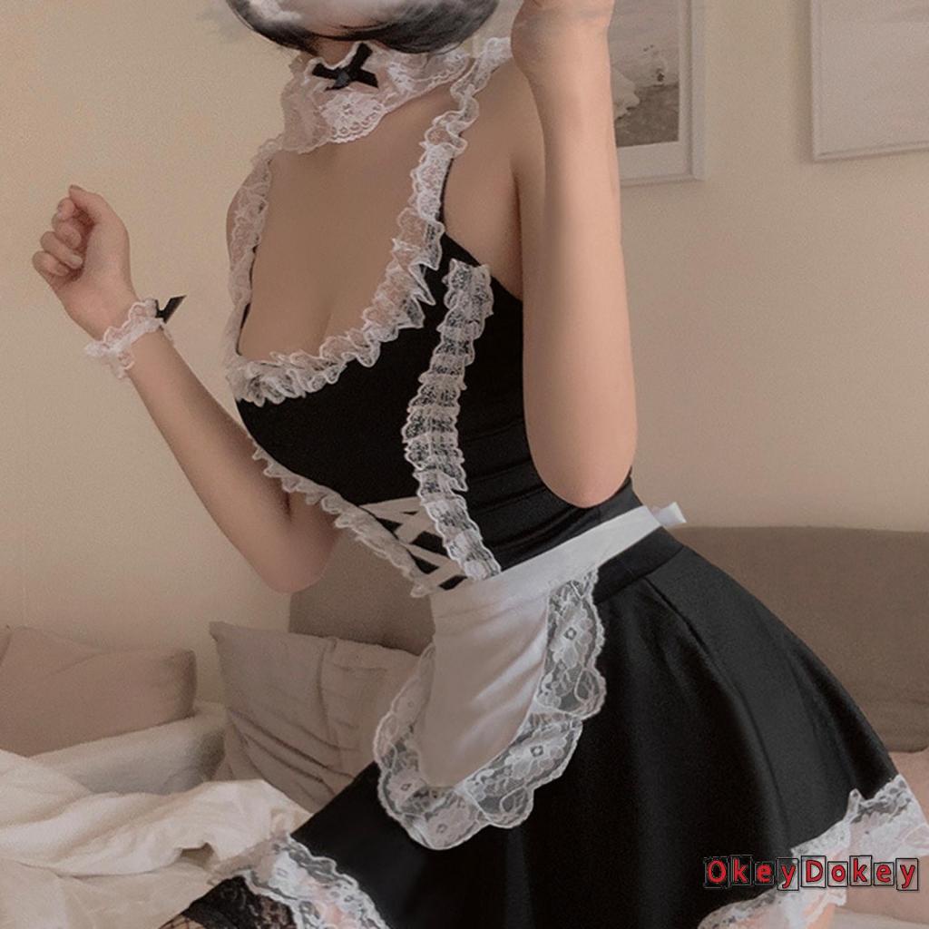 Bộ Đồ Ngủ 2 Món Phong Cách Người Hầu Cổ Chữ V Viền Ren Gợi Cảm Cho Nữ