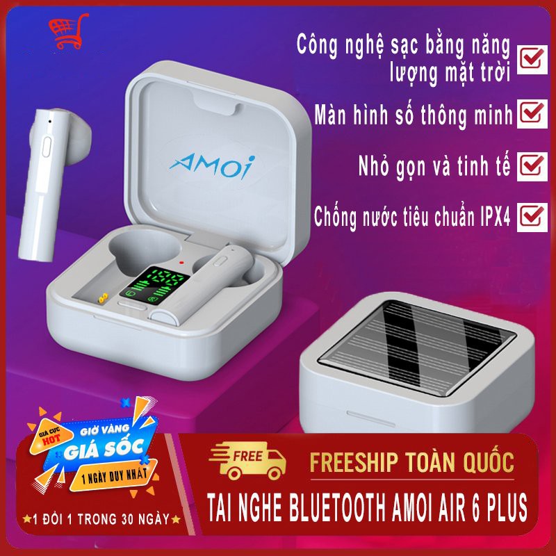 Tai nghe bluetooth nhét tai AMOI Air 6 Plus, chống nước IP5, bluetooth 5.0, Hỗ trợ sạc bằng năng nượng mặt trời