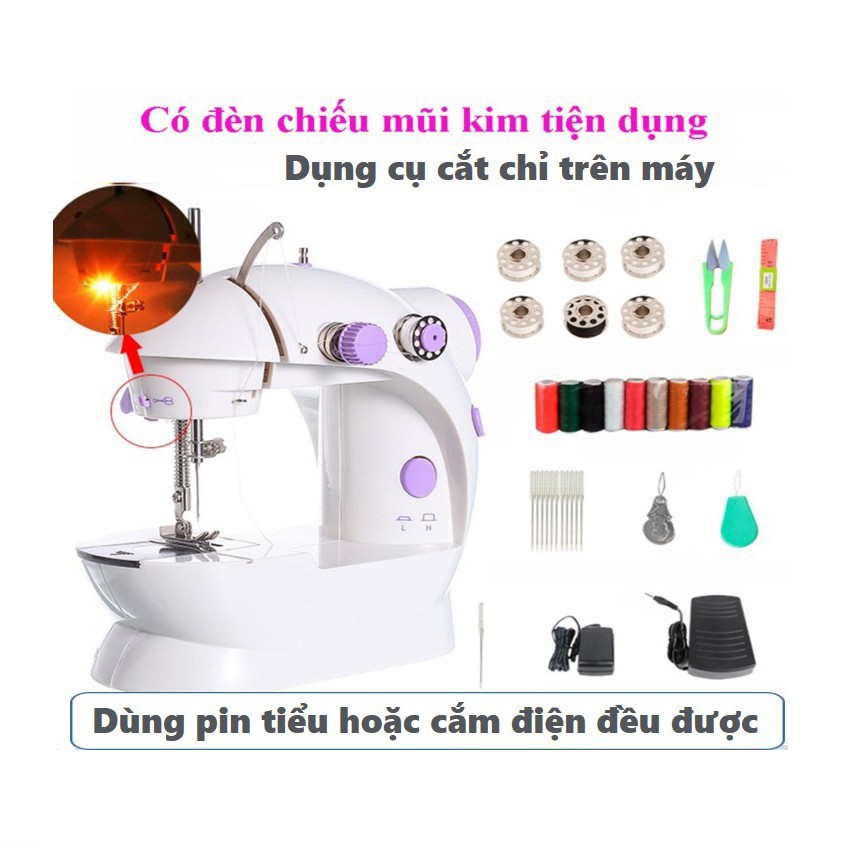 Máy khâu mini gia đình tiện dụng, máy khâu mini 2 chế độ nhanh chậm có đèn LED, tặng kèm 4 cuộn chỉ