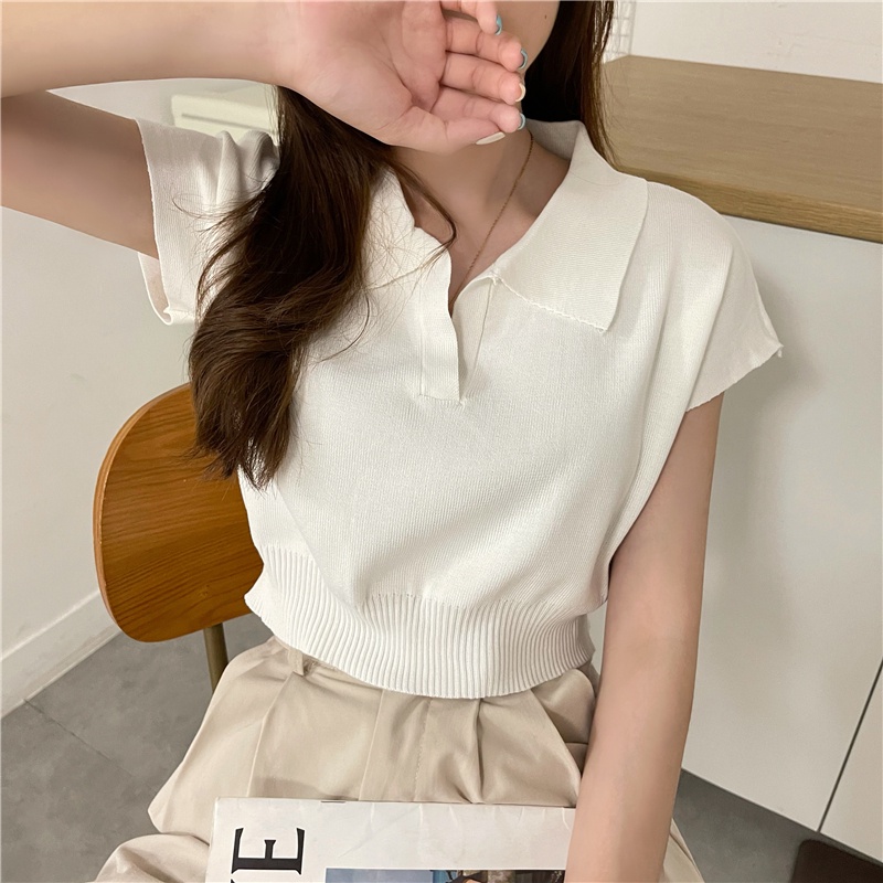 LEEVA - Áo croptop cổ polo len dệt mềm màu pastel đơn giản A232