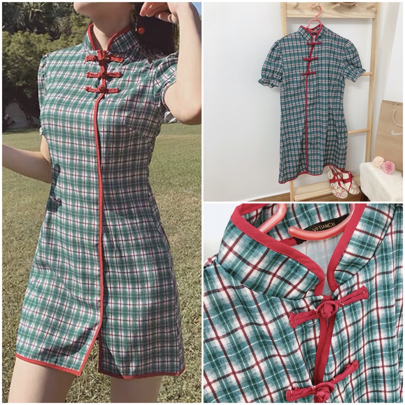 Sườn xám xanh lá boho caro có BIG SIZE