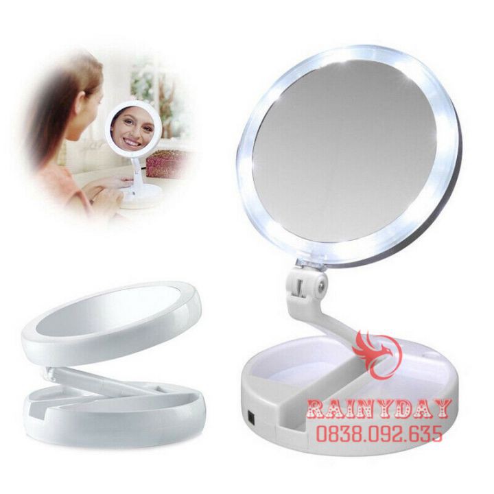 Gương trang điểm để bàn phấn có đèn led sạc kính tròn makeup phóng đại lật 2 mặt xoay 360 độ mini gấp gọn