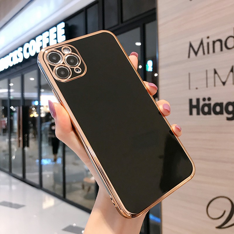 Ốp điện thoại mềm mạ vàng vuông nắp kính bóng sang trọng cho iPhone 12 11 Pro Max XS Max X XR 7 8 Plus SE 2020