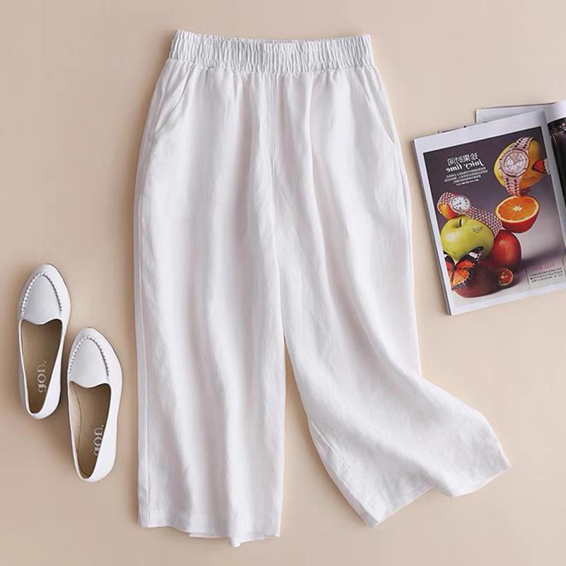 ✉◆∏Quần ống rộng Linen lưng thun cao cấp _ lửng nữ mặc ở nhà bigsize 87 cân QX23